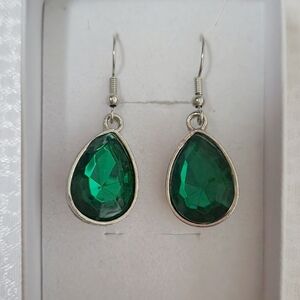 Sterling Silver And Green Gemstone Teardrop Shaped Earrings